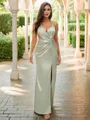 Sheath/Column Silk like Satin Ruched V-neck Sleeveless Floor-Length Bridesmaid Dresses