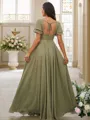 A-Line/Princess Chiffon Ruffles V-neck Short Sleeves Floor-Length Bridesmaid Dresses