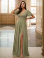 A-Line/Princess Chiffon Ruffles V-neck Short Sleeves Floor-Length Bridesmaid Dresses