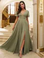 A-Line/Princess Chiffon Ruffles V-neck Short Sleeves Floor-Length Bridesmaid Dresses