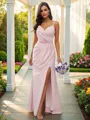 A-Line/Princess Stretch Crepe Ruched V-neck Sleeveless Floor-Length Bridesmaid Dresses