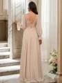 A-Line/Princess Chiffon Lace V-neck Long Sleeves Sweep Train Bridesmaid Dresses