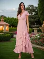 A-Line/Princess Chiffon Ruched V-Neck Short Sleeves Ankle-Length Bridesmaid Dresses