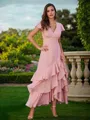 A-Line/Princess Chiffon Ruched V-Neck Short Sleeves Ankle-Length Bridesmaid Dresses