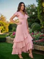 A-Line/Princess Chiffon Ruched V-Neck Short Sleeves Ankle-Length Bridesmaid Dresses