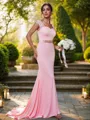 Sheath/Column Jersey Rhinestone Square Sleeveless Sweep Train Bridesmaid Dresses