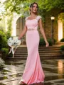 Sheath/Column Jersey Rhinestone Square Sleeveless Sweep Train Bridesmaid Dresses