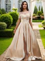 A-Line/Princess Satin Applique Scoop Short Sleeves Floor-Length Bridesmaid Dresses