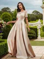 A-Line/Princess Satin Applique Scoop Short Sleeves Floor-Length Bridesmaid Dresses