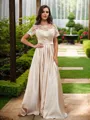 A-Line/Princess Satin Applique Scoop Short Sleeves Floor-Length Bridesmaid Dresses
