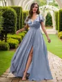 A-Line/Princess Chiffon Ruched V-Neck Short Sleeves Floor-Length Bridesmaid Dresses