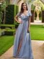 A-Line/Princess Chiffon Ruched V-Neck Short Sleeves Floor-Length Bridesmaid Dresses