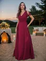 A-Line/Princess Chiffon Ruched V-Neck Short Sleeves Floor-Length Bridesmaid Dresses