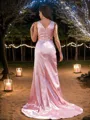 A-Line/Princess Silk Like Satin Ruched V-neck Sleeveless Sweep Train Bridesmaid Dresses