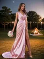 A-Line/Princess Silk Like Satin Ruched V-neck Sleeveless Sweep Train Bridesmaid Dresses