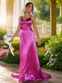 A-Line/Princess Silk like Satin Ruched V-neck Sleeveless Sweep Train Bridesmaid Dresses