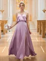 A-Line/Princess Silk like Satin Ruched V-neck Sleeveless Floor-Length Bridesmaid Dresses