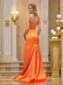 Sheath/Column Silk Like Satin Ruched V-neck Sleeveless Sweep Train Bridesmaid Dresses