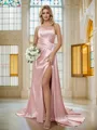 Sheath/Column Silk Like Satin Ruched Spaghetti Straps Sleeveless Sweep Train Bridesmaid Dresses