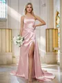 Sheath/Column Silk Like Satin Ruched Spaghetti Straps Sleeveless Sweep Train Bridesmaid Dresses
