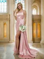 Sheath/Column Silk Like Satin Ruched Spaghetti Straps Sleeveless Sweep Train Bridesmaid Dresses