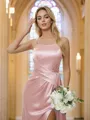 Sheath/Column Silk Like Satin Ruched Spaghetti Straps Sleeveless Sweep Train Bridesmaid Dresses