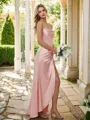Sheath/Column Silk like Satin Ruched Spaghetti Straps Sleeveless Floor-Length Bridesmaid Dresses