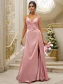 A-Line/Princess Silk like Satin Ruched V-neck Sleeveless Floor-Length Bridesmaid Dresses