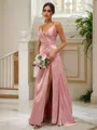 A-Line/Princess Silk like Satin Ruched V-neck Sleeveless Floor-Length Bridesmaid Dresses