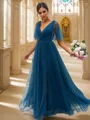 A-Line/Princess Tulle Ruffles V-neck Short Sleeves Floor-Length Bridesmaid Dresses