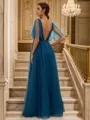 A-Line/Princess Tulle Ruffles V-neck Short Sleeves Floor-Length Bridesmaid Dresses