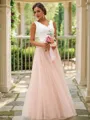 A-Line/Princess Tulle Lace V-neck Sleeveless Floor-Length Bridesmaid Dresses
