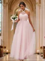 A-Line/Princess Tulle Ruffles Halter Sleeveless Floor-Length Bridesmaid Dresses