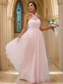 A-Line/Princess Tulle Ruffles Halter Sleeveless Floor-Length Bridesmaid Dresses