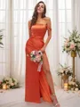 Sheath/Column Silk like Satin Ruched Off-the-Shoulder Sleeveless Sweep Train Bridesmaid Dresses