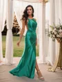 Sheath/Column Charmeuse Ruched Scoop Sleeveless Sweep Train Bridesmaid Dresses