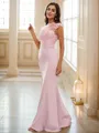 Trumpet/Mermaid Stretch Crepe Applique High Neck Sleeveless Floor-Length Bridesmaid Dresses