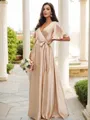 A-Line/Princess Silk like Satin Sash/Ribbon/Belt V-neck Short Sleeves Floor-Length Bridesmaid Dresses