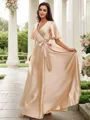 A-Line/Princess Silk like Satin Sash/Ribbon/Belt V-neck Short Sleeves Floor-Length Bridesmaid Dresses