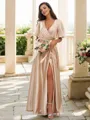 A-Line/Princess Silk like Satin Sash/Ribbon/Belt V-neck Short Sleeves Floor-Length Bridesmaid Dresses