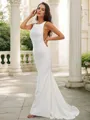 Sheath/Column Stretch Crepe Ruffles Square Sleeveless Sweep Train Bridesmaid Dresses