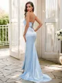 Sheath/Column Silk Like Satin Ruched Spaghetti Straps Sleeveless Sweep Train Bridesmaid Dresses