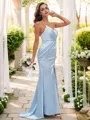 Sheath/Column Silk Like Satin Ruched Spaghetti Straps Sleeveless Sweep Train Bridesmaid Dresses