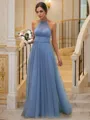 A-Line/Princess Tulle Ruched Halter Sleeveless Floor-Length Bridesmaid Dresses
