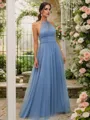 A-Line/Princess Tulle Ruched Halter Sleeveless Floor-Length Bridesmaid Dresses