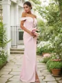 Sheath/Column Stretch Crepe Ruched Off-the-Shoulder Sleeveless Sweep Train Bridesmaid Dresses