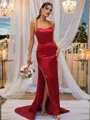 Sheath/Column Silk Like Satin Ruched Square Sleeveless Sweep Train Bridesmaid Dresses