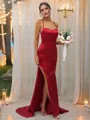 Sheath/Column Silk Like Satin Ruched Square Sleeveless Sweep Train Bridesmaid Dresses