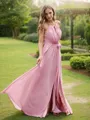 A-Line/Princess Chiffon Ruffles Halter Sleeveless Sweep Train Bridesmaid Dresses