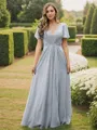 A-Line/Princess Chiffon Ruffles V-neck Short Sleeves Floor-Length Bridesmaid Dresses